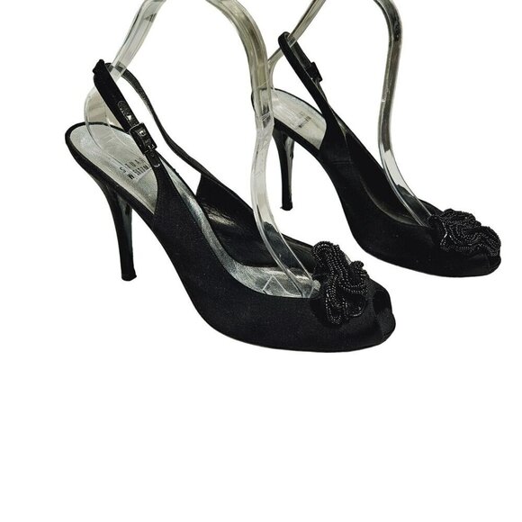 Stuart Weitzman Black Satin Beaded Rosette Peep‎ Toe Slingback Heels Size 10 - Picture 1 of 12